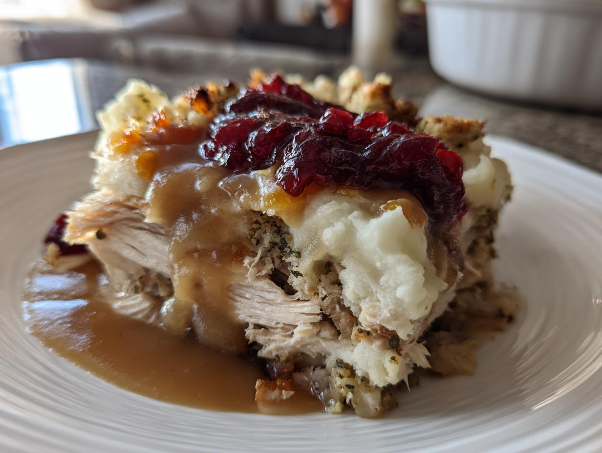 A slice of Thanksgiving leftover casserole featuring turkey, stuffing, mashed potatoes, cranberry sauce, and gravy.