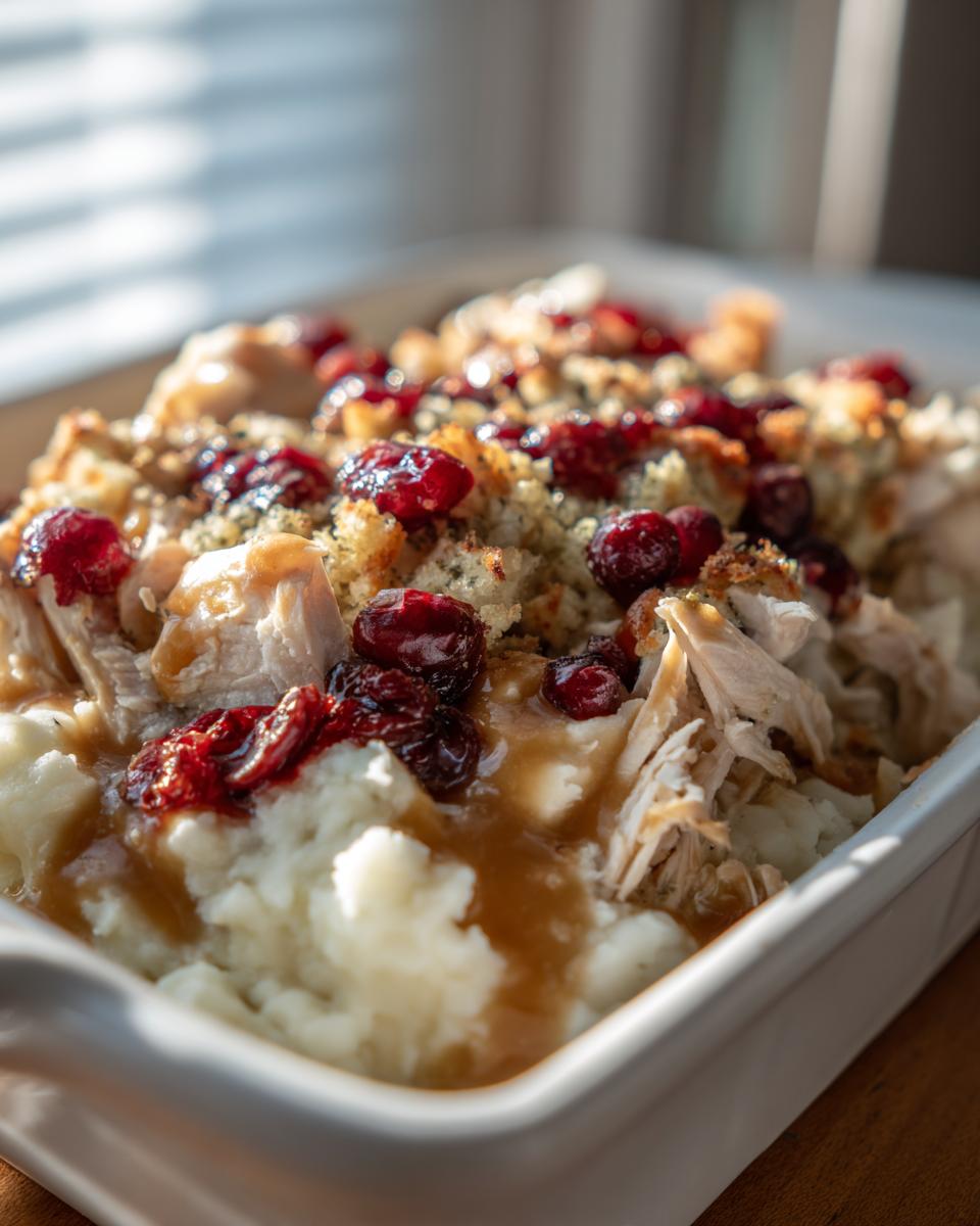 Close-up of a comforting Thanksgiving leftover casserole featuring mashed potatoes, shredded turkey, stuffing, and cranberries.