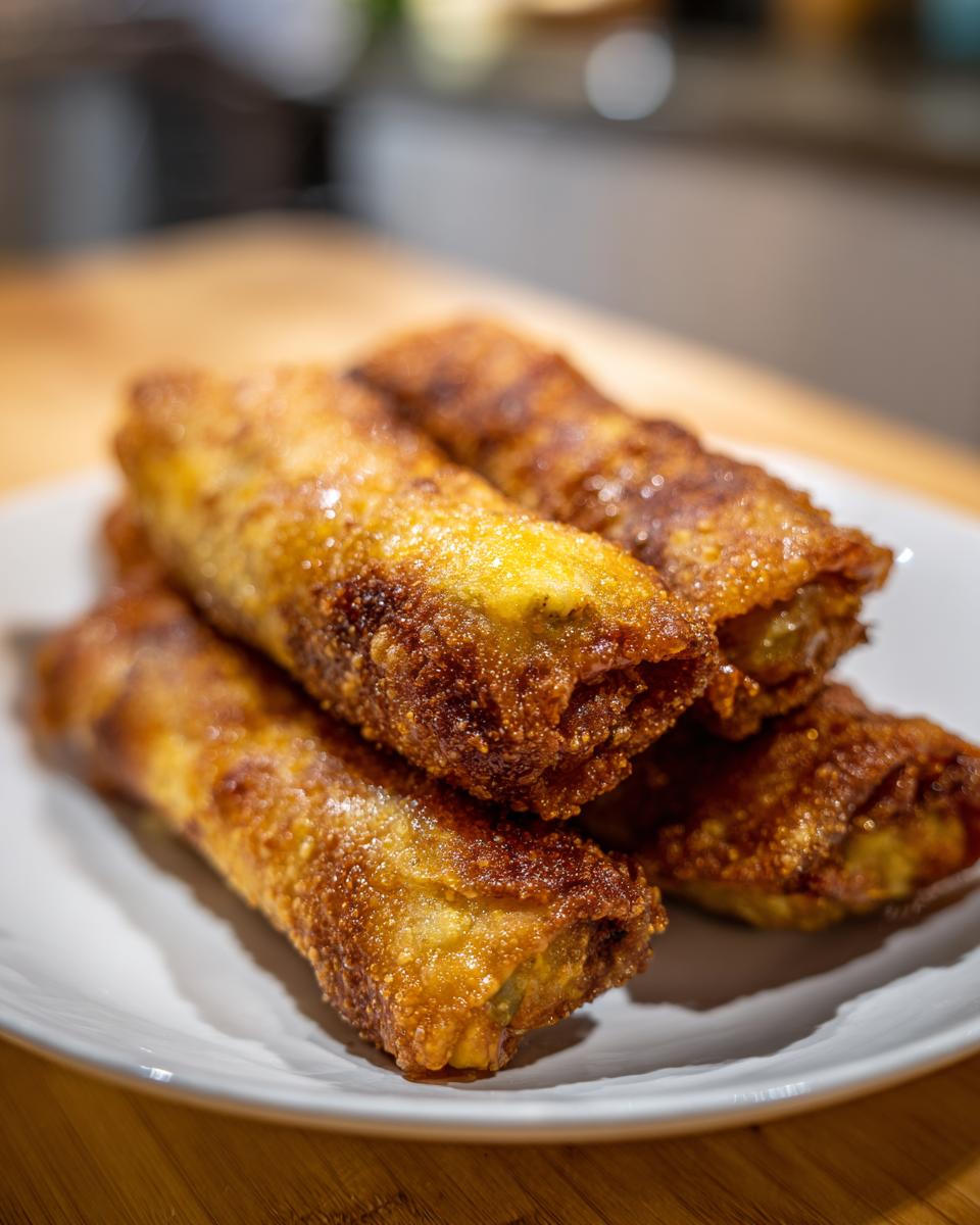 A stack of crispy, golden-brown Thanksgiving leftover egg rolls on a white plate.