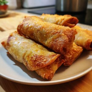 A stack of golden brown, crispy Thanksgiving leftover egg rolls on a white plate.