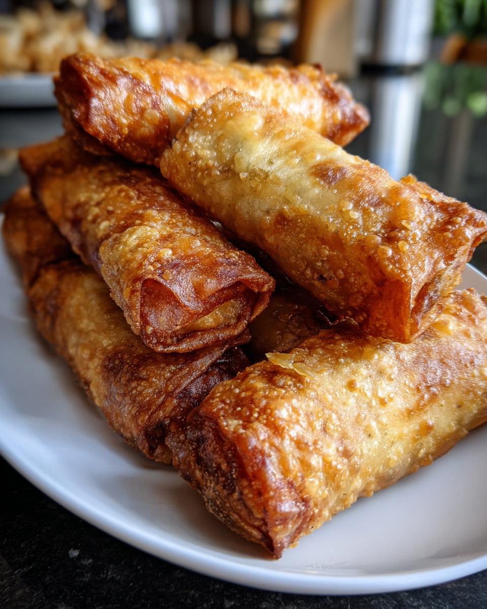 A close-up of a stack of golden-brown, crispy Thanksgiving leftover egg rolls on a white plate.
