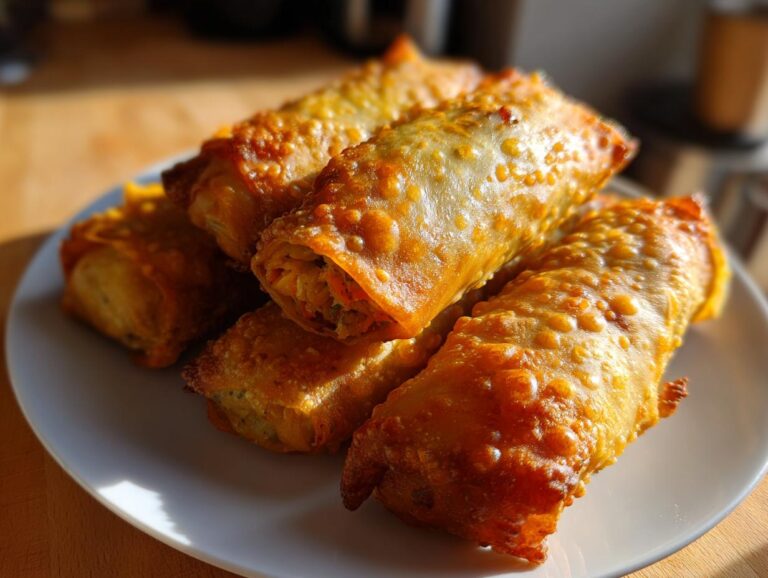 Close-up of golden brown, crispy Thanksgiving leftover egg rolls stacked on a white plate.
