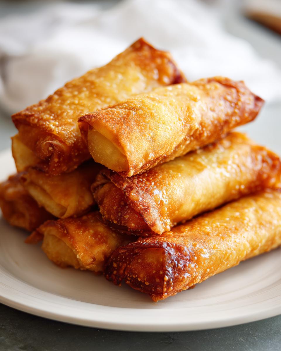 A close-up of a stack of golden-brown Thanksgiving leftover egg rolls on a white plate.