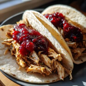 Close-up of two Thanksgiving leftover tacos filled with shredded turkey and topped with cranberry sauce.