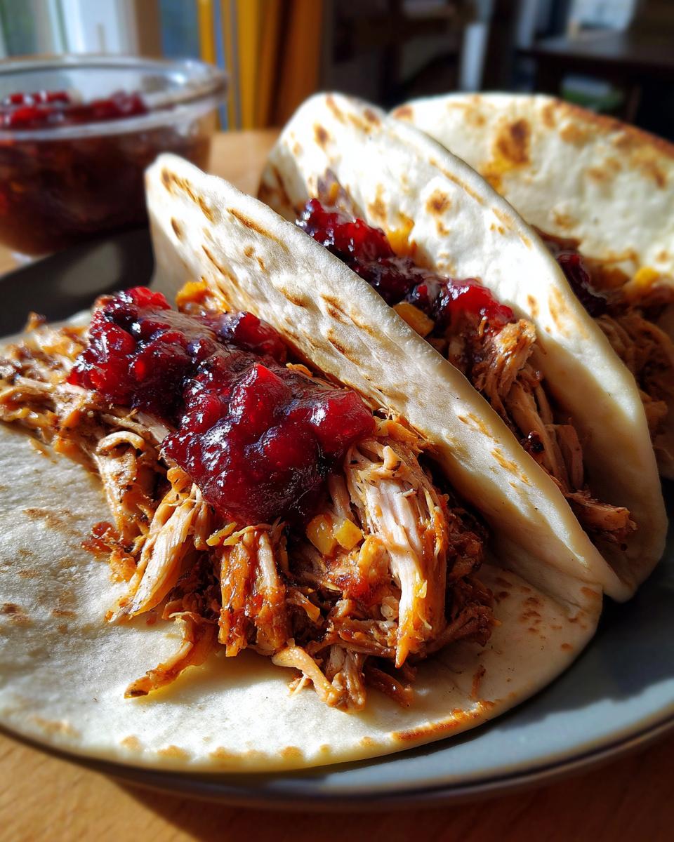 Close-up of Thanksgiving leftover tacos filled with shredded turkey and topped with cranberry sauce.