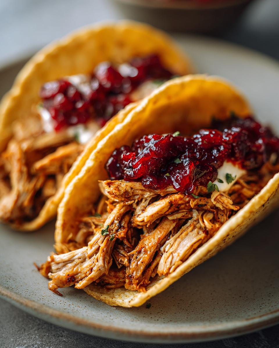 Close-up of two Thanksgiving leftover tacos filled with shredded turkey and topped with cranberry sauce.