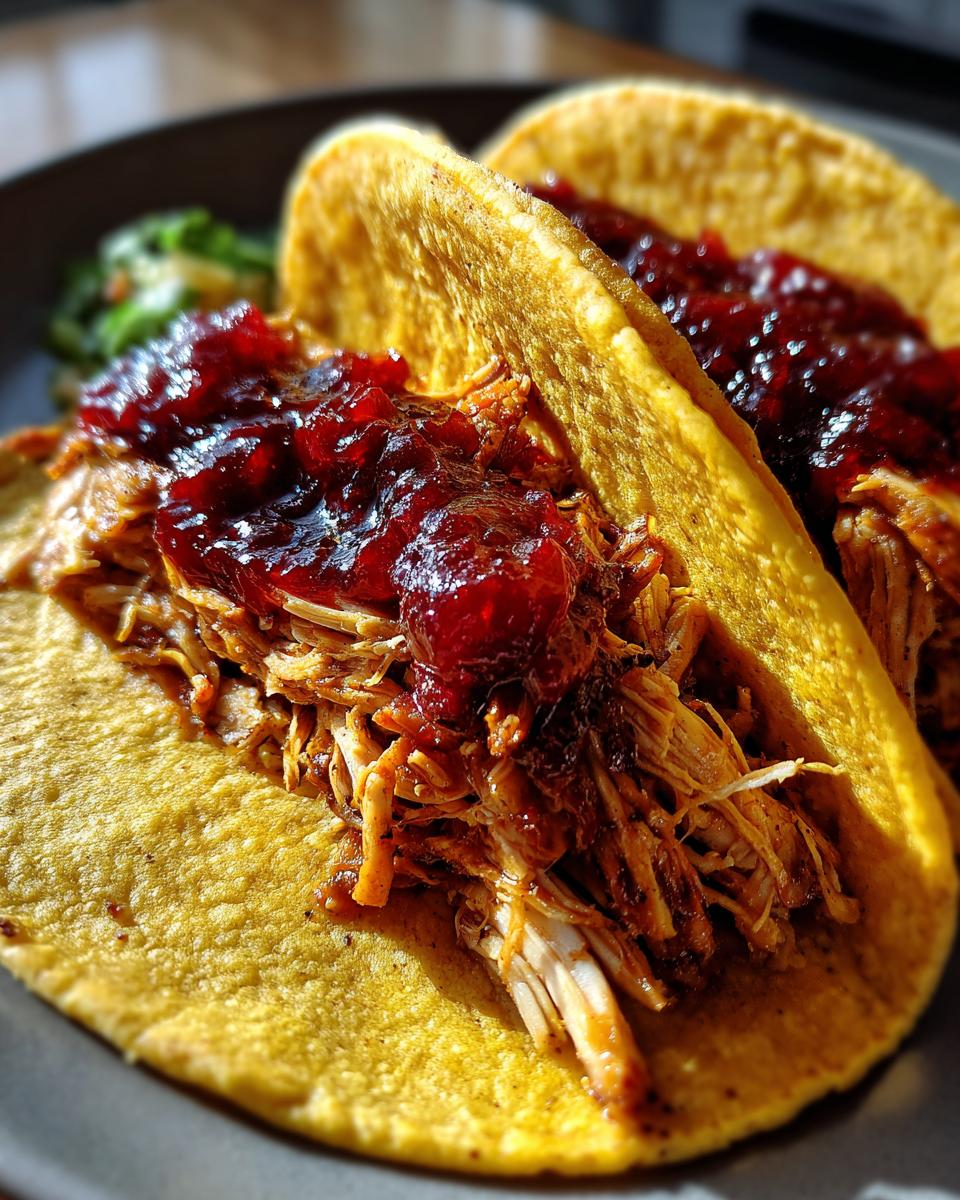 Two delicious Thanksgiving leftover tacos filled with shredded turkey and topped with cranberry sauce.