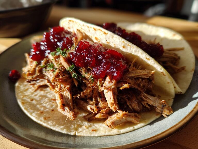 Two delicious Thanksgiving leftover tacos filled with shredded turkey and topped with cranberry sauce and herbs.