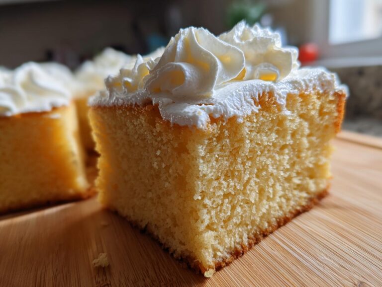 A close-up of a moist slice of Tres Leches cake topped with fluffy whipped cream.