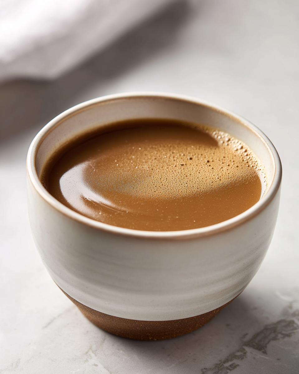 A close-up of rich, smooth turkey gravy in a rustic ceramic bowl, ready to be served.