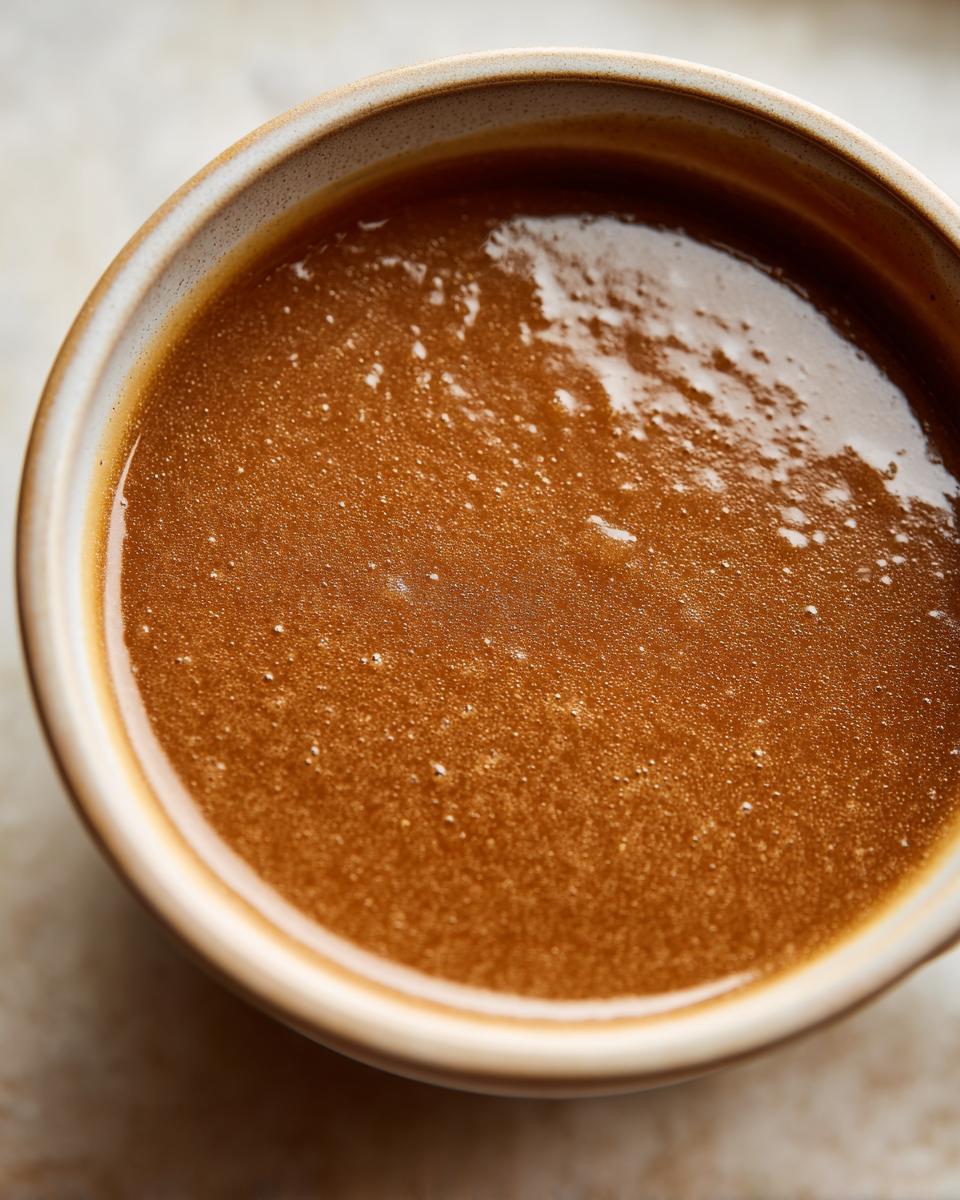Close-up overhead view of rich, smooth turkey gravy in a rustic ceramic bowl.