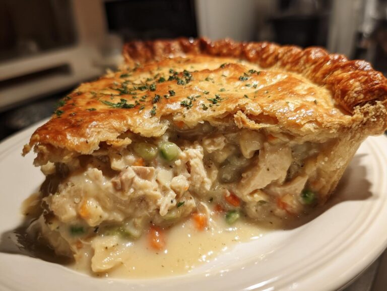 A generous slice of homemade Turkey Pot Pie with flaky golden crust and creamy filling.