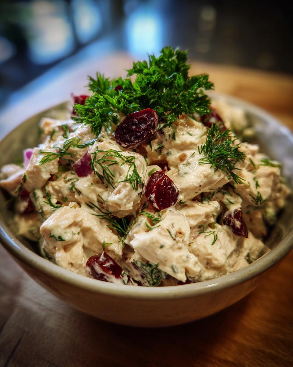 A close-up of a bowl of creamy turkey salad, featuring chunks of turkey, dried cranberries, red onion, and fresh dill and parsley.