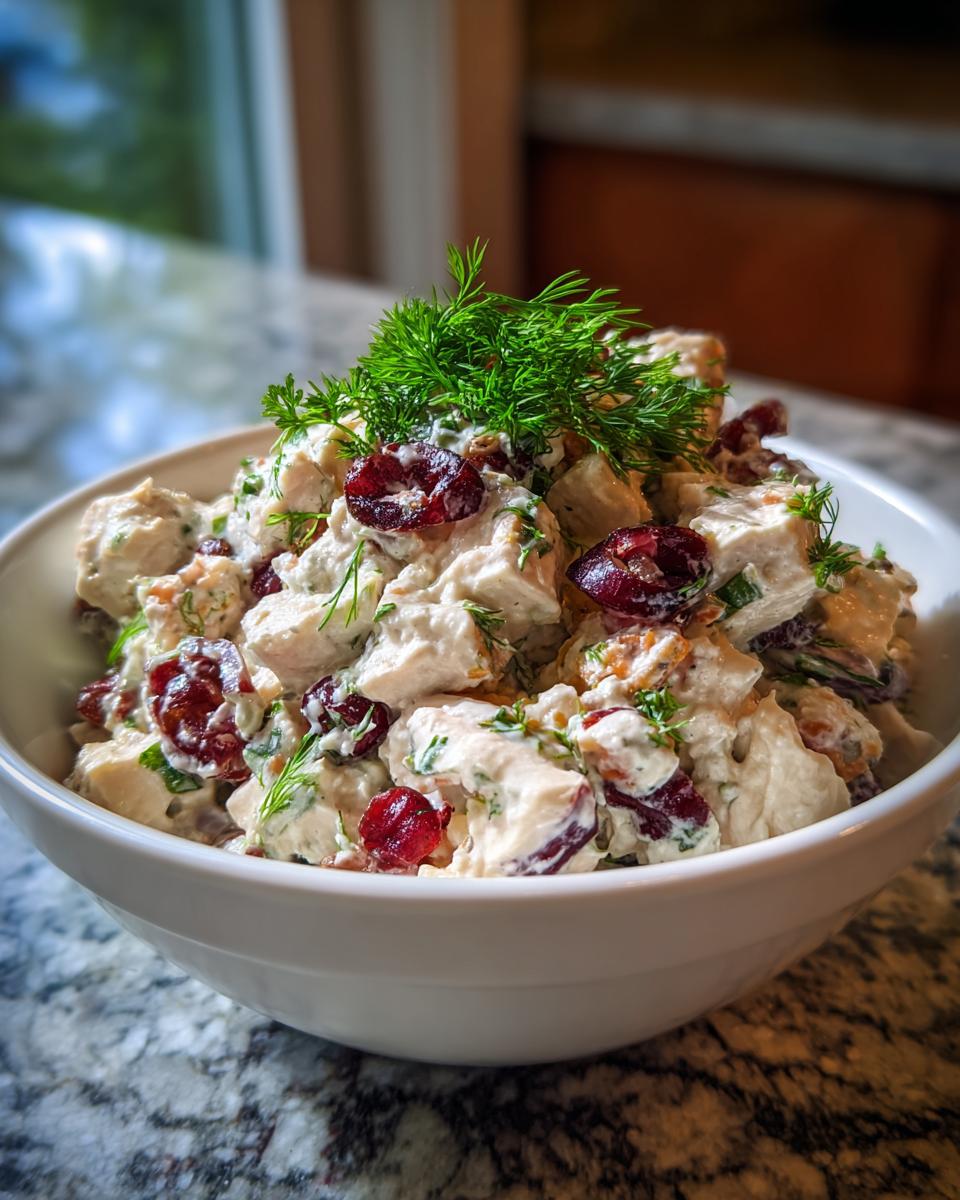A close-up of a white bowl filled with creamy turkey salad, studded with dried cranberries and fresh dill.