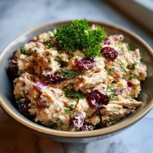 A close-up of a bowl of creamy turkey salad with visible pieces of turkey, dried cranberries, red onion, and fresh dill and parsley.