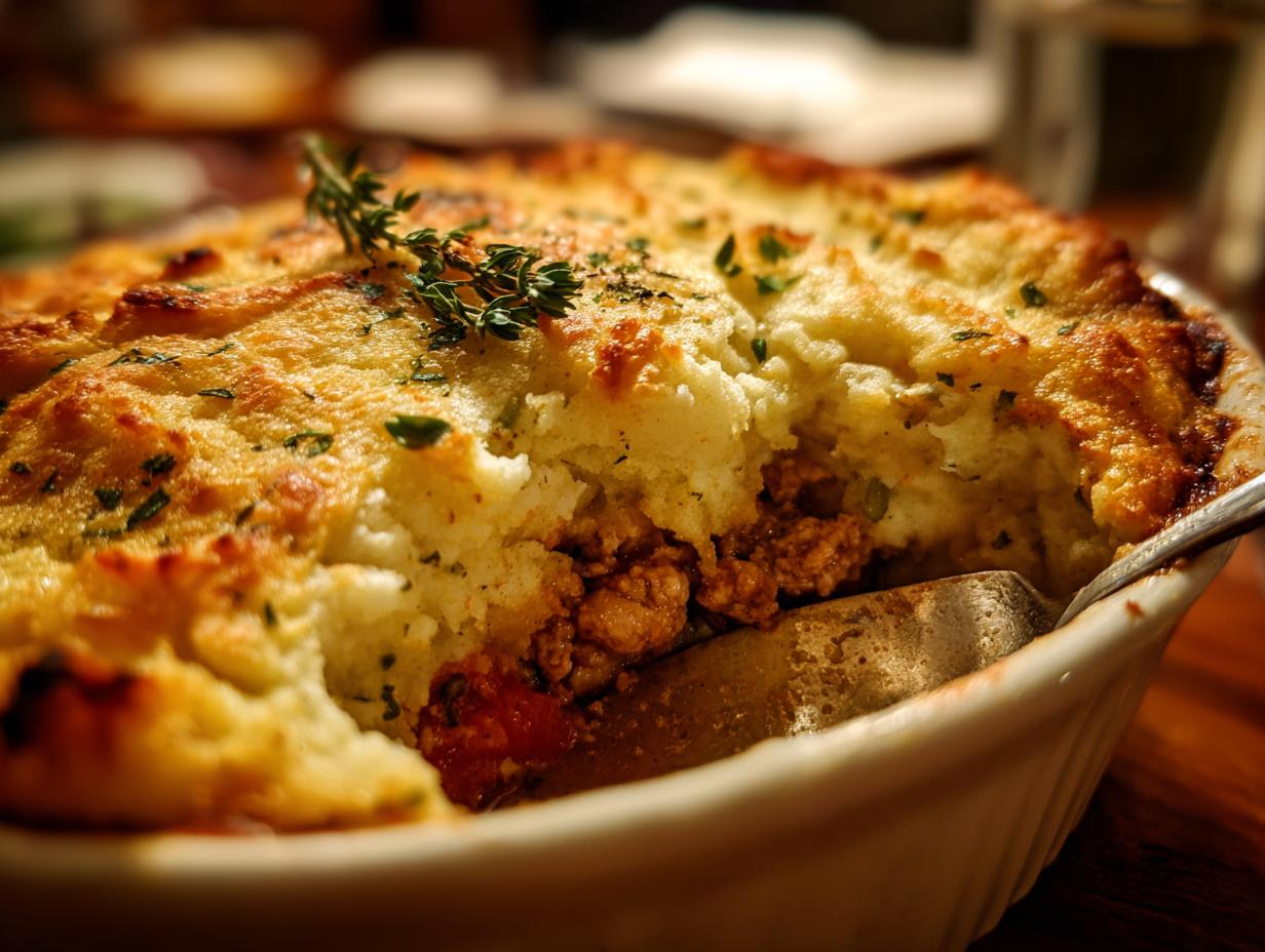 A close-up of a golden-brown Turkey Shepherd's Pie, with a scoop removed to reveal the savory ground turkey filling and fluffy mashed potato topping.