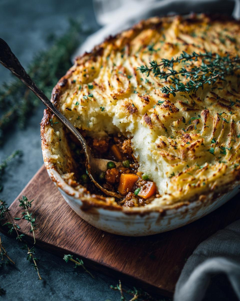 A serving spoon digging into a golden-brown Turkey Shepherd's Pie, revealing a hearty filling of ground turkey, peas, and carrots.