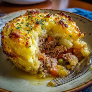 A close-up of a serving of Turkey Shepherd's Pie, showing the rich filling and golden mashed potato crust, garnished with parsley.