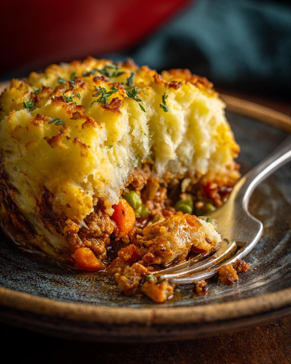 A fork taking a bite out of a hearty Turkey Shepherd's Pie, showing the ground turkey filling with vegetables and mashed potato topping.