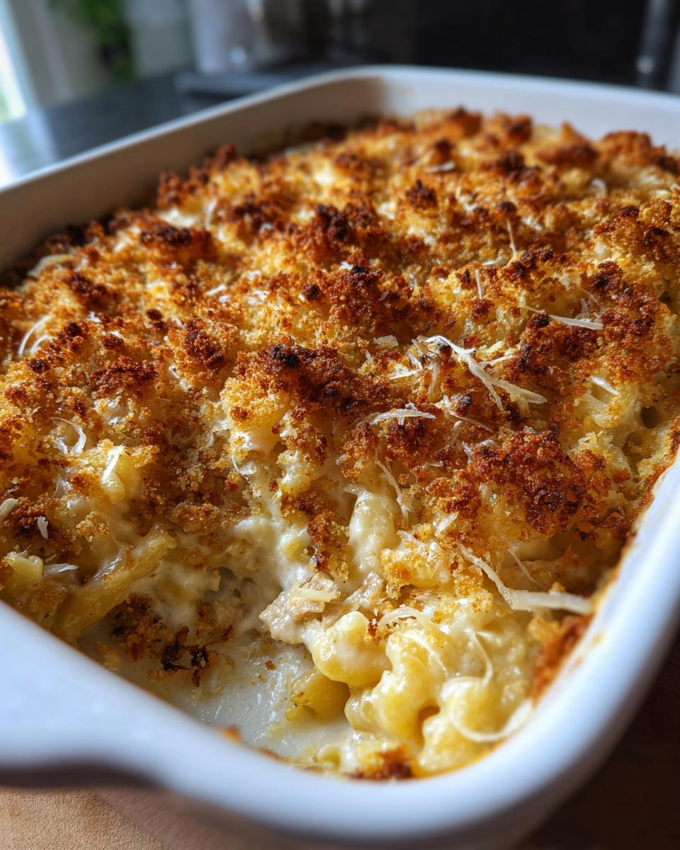 Close-up of a bubbly, golden-brown baked Turkey Tetrazzini casserole in a white dish, with a serving spoon revealing creamy pasta and turkey.