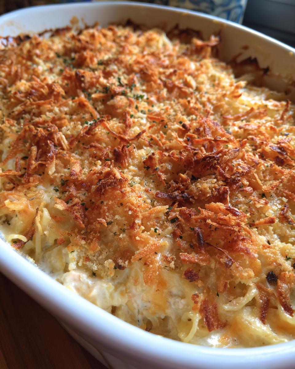 Close-up of a bubbling Turkey Tetrazzini casserole with a crispy breadcrumb topping.