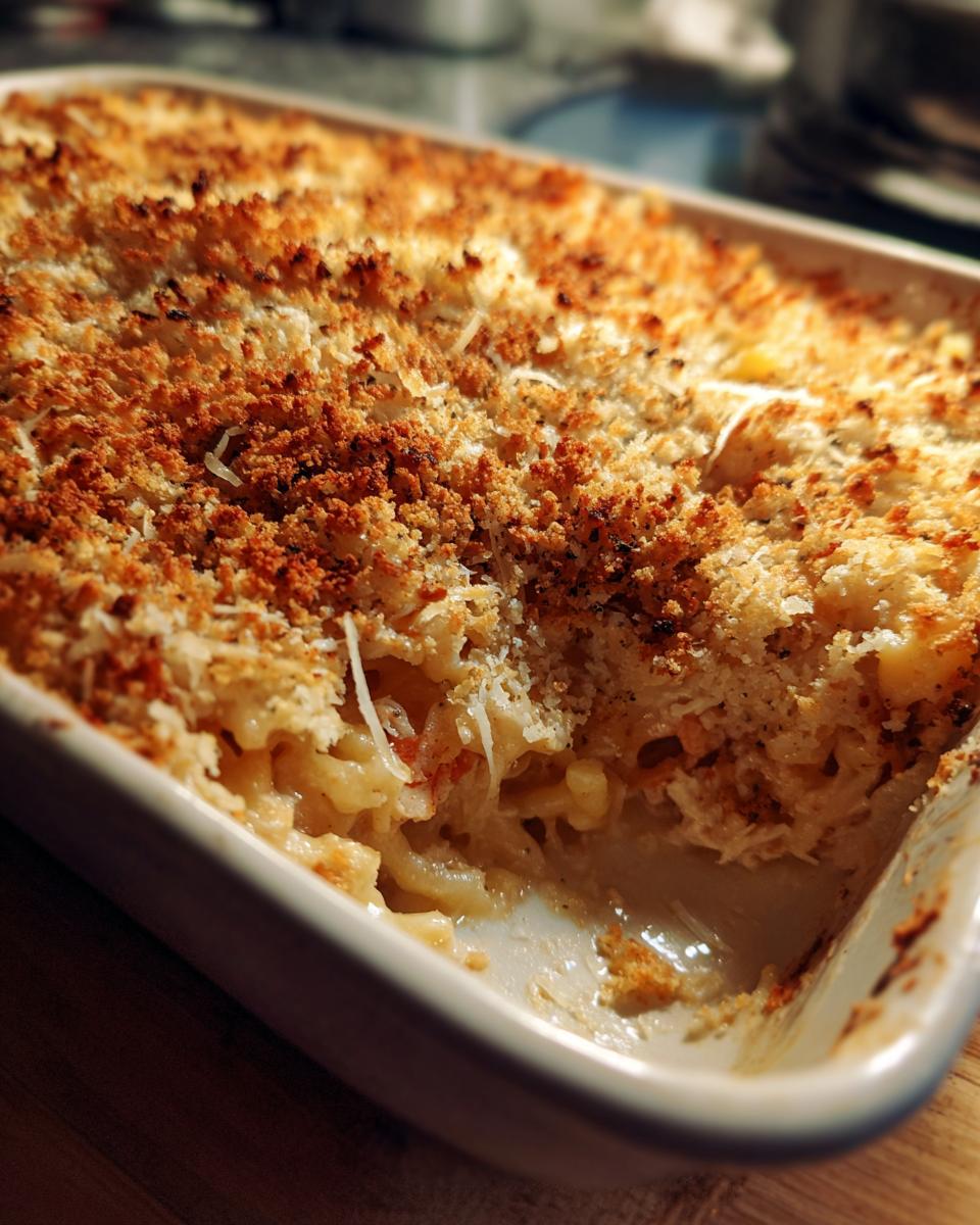 Close-up of a freshly baked Turkey Tetrazzini casserole with a golden, crispy breadcrumb topping.