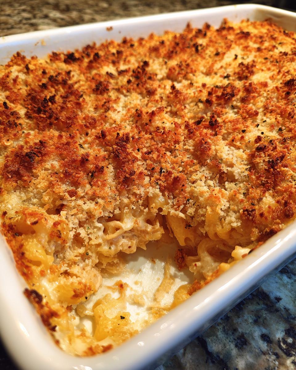 A close-up of a bubbly, golden-brown baked Turkey Tetrazzini casserole in a white dish, with a scoop removed.