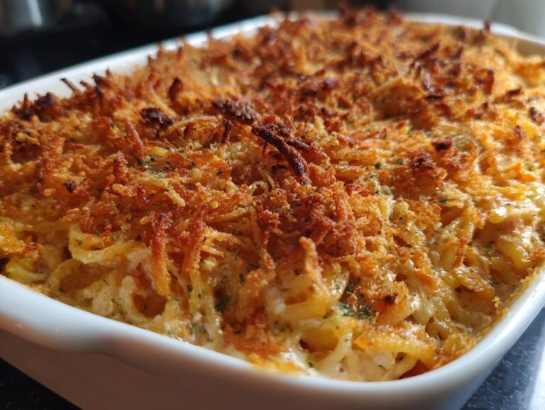 Close-up of a baked Turkey Tetrazzini casserole in a white dish, with a golden brown crispy breadcrumb topping.