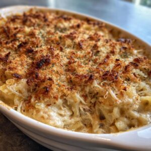 Close-up of a baked Turkey Tetrazzini casserole in a white dish, with a golden-brown breadcrumb topping.