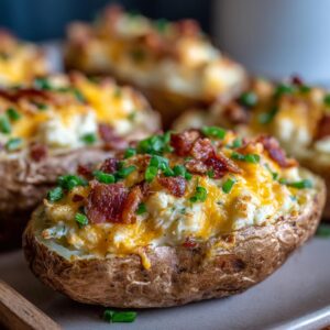Close-up of a twice baked potato loaded with creamy filling, melted cheddar cheese, crispy bacon, and fresh chives.