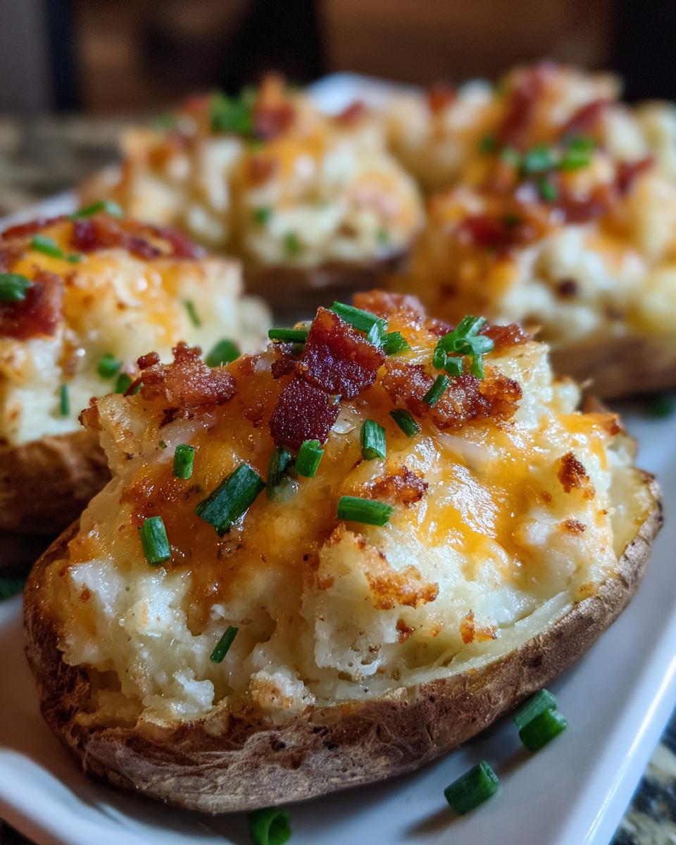 Close-up of twice baked potatoes topped with melted cheddar cheese, crispy bacon bits, and fresh chives.