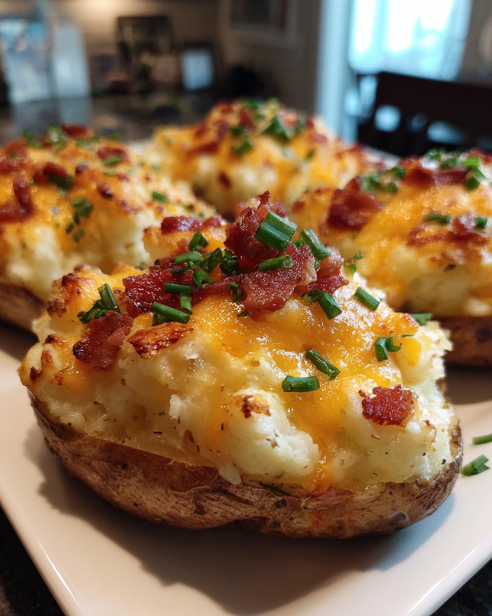 Close-up of twice baked potatoes topped with melted cheddar cheese, crispy bacon, and fresh chives.
