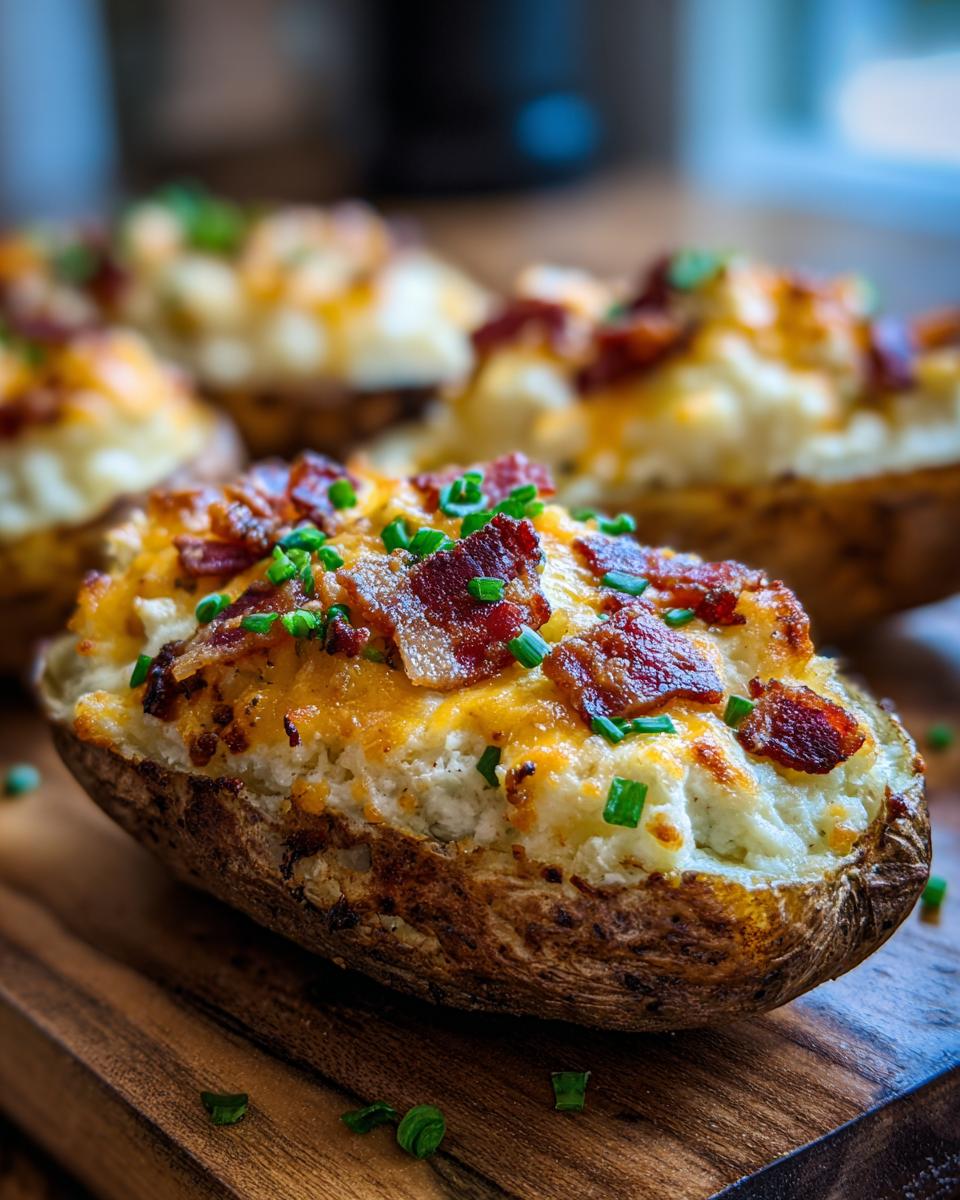 Close-up of twice baked potatoes loaded with cheese, crispy bacon, and fresh chives.