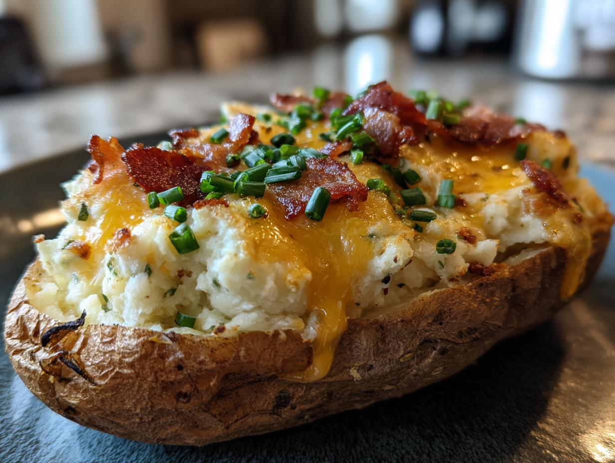 Close-up of a perfectly baked twice baked potato, loaded with melted cheese, crispy bacon, and fresh chives.