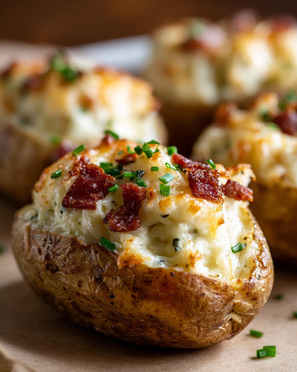 Close-up of a twice baked potato loaded with creamy filling, crispy bacon bits, and fresh chives.
