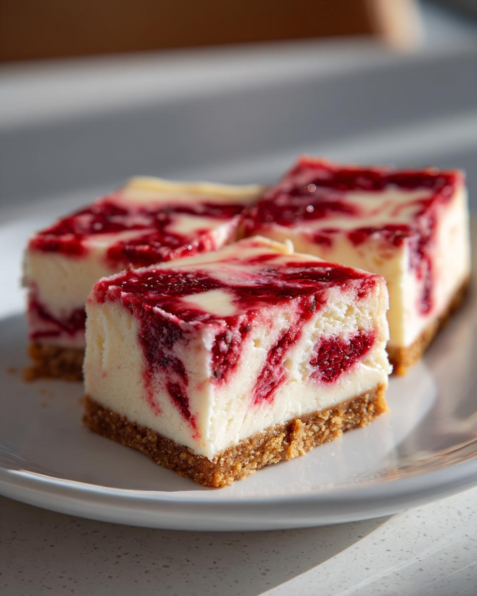 Three square slices of white chocolate raspberry cheesecake with a graham cracker crust, artfully swirled with raspberry puree.