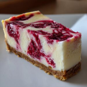 A close-up of a perfect slice of white chocolate raspberry cheesecake showing a graham cracker crust and vibrant berry swirls.