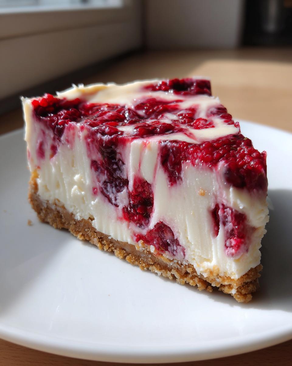 A close-up slice of white chocolate raspberry cheesecake showing a graham cracker crust and rich raspberry swirls.