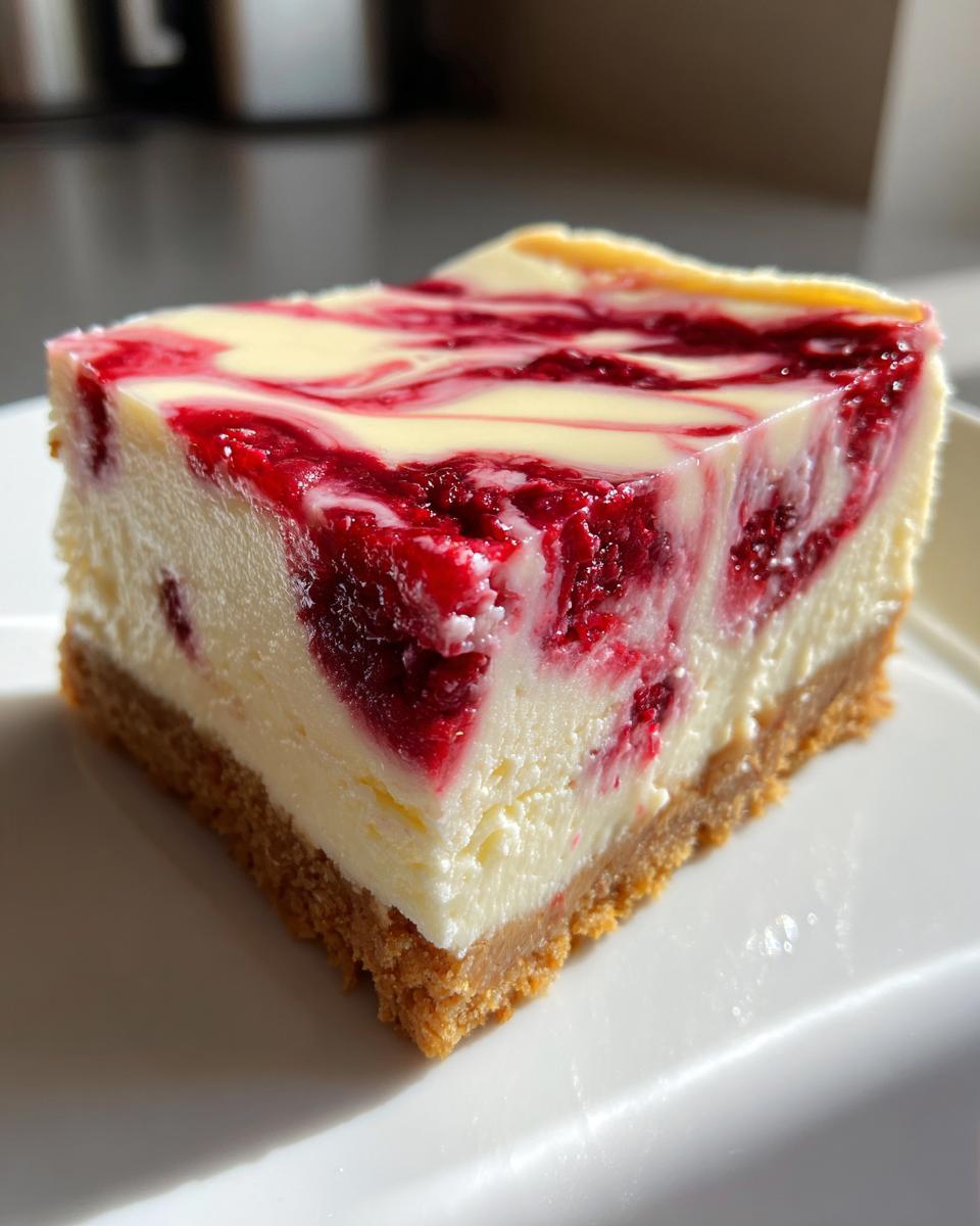 Close-up of a perfect slice of white chocolate raspberry cheesecake showing the graham cracker crust and vibrant raspberry swirl.