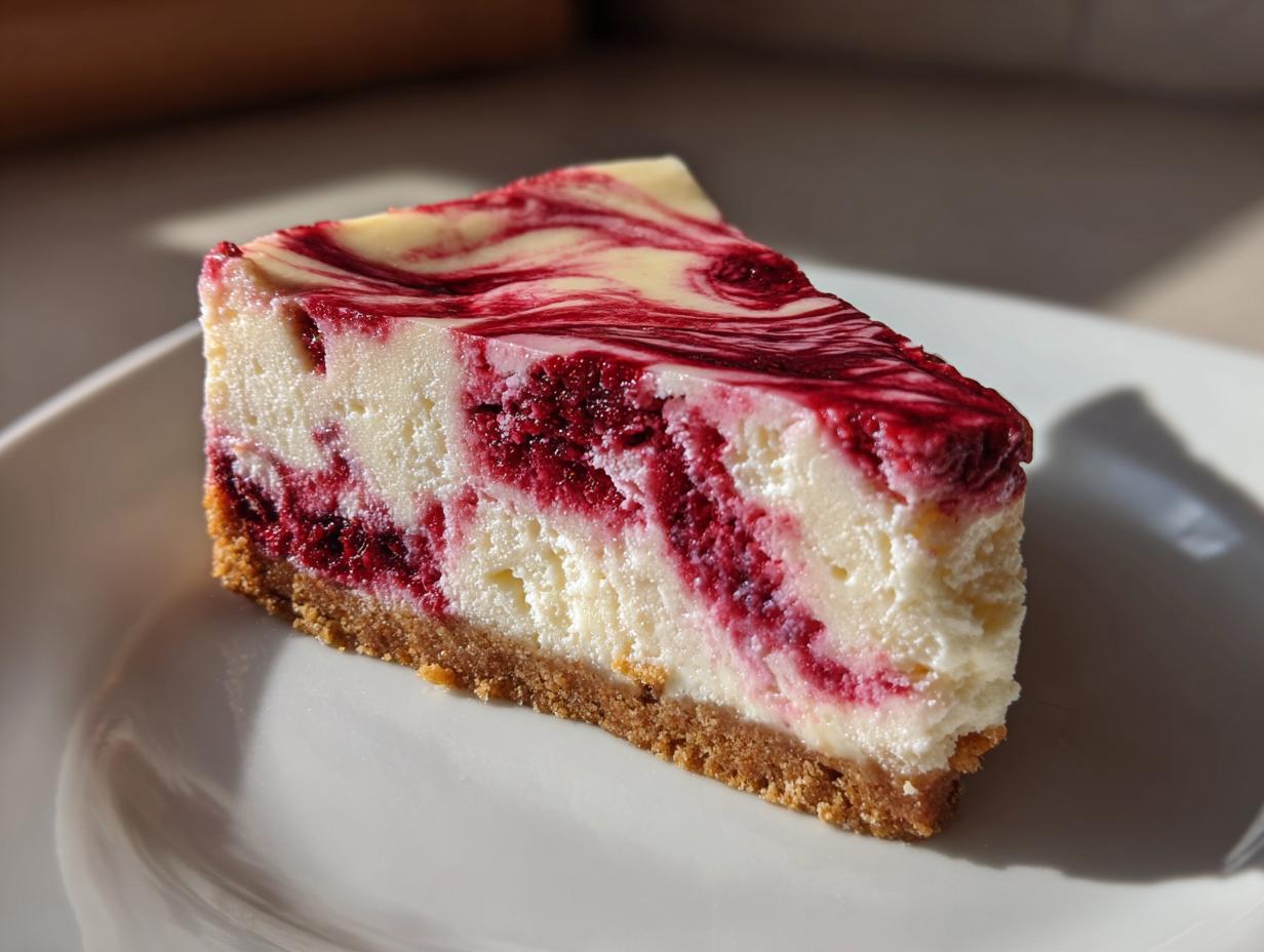 A perfect slice of white chocolate raspberry cheesecake showing a graham cracker crust and vibrant red raspberry swirl.