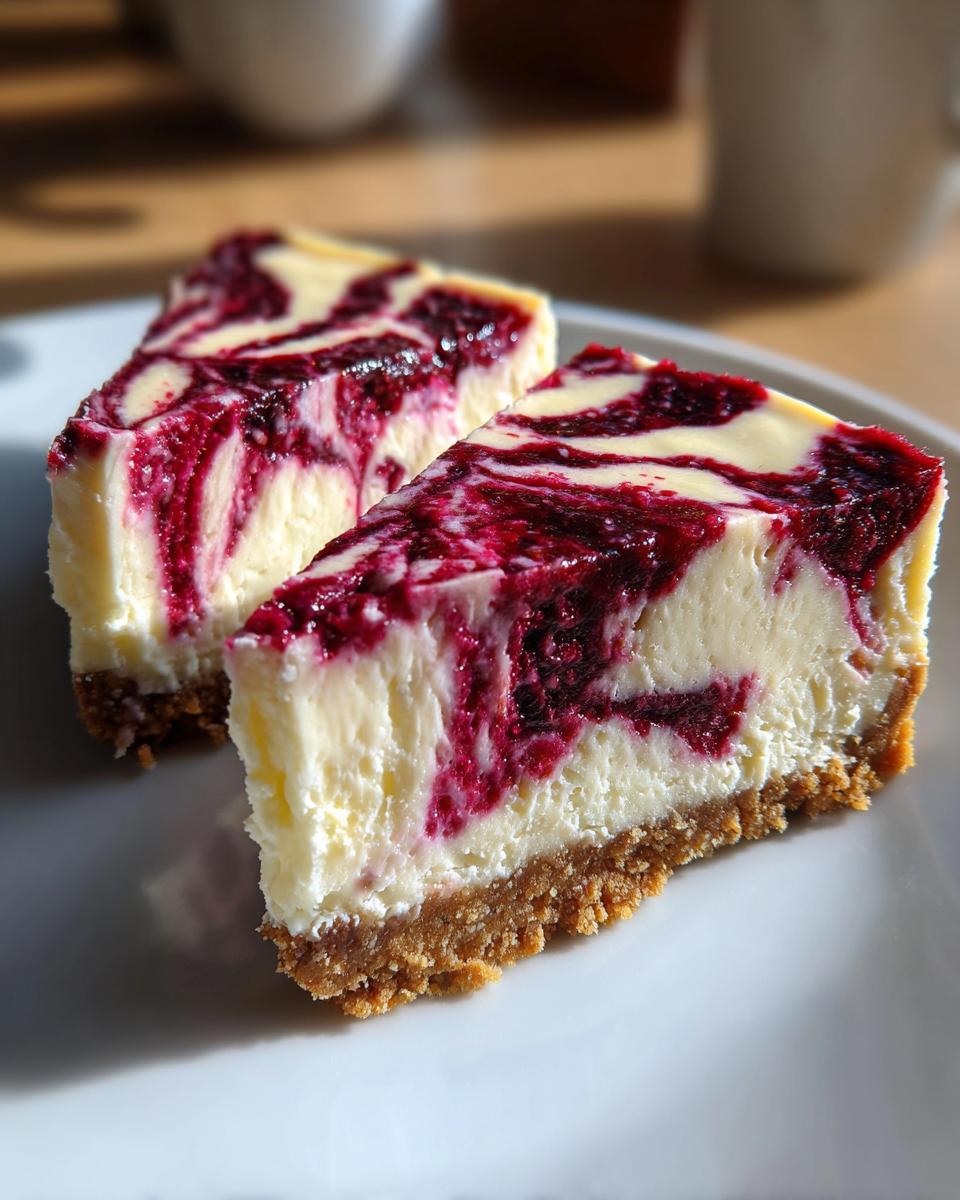 Two slices of rich white chocolate raspberry cheesecake with a graham cracker crust, showing a vibrant berry swirl.